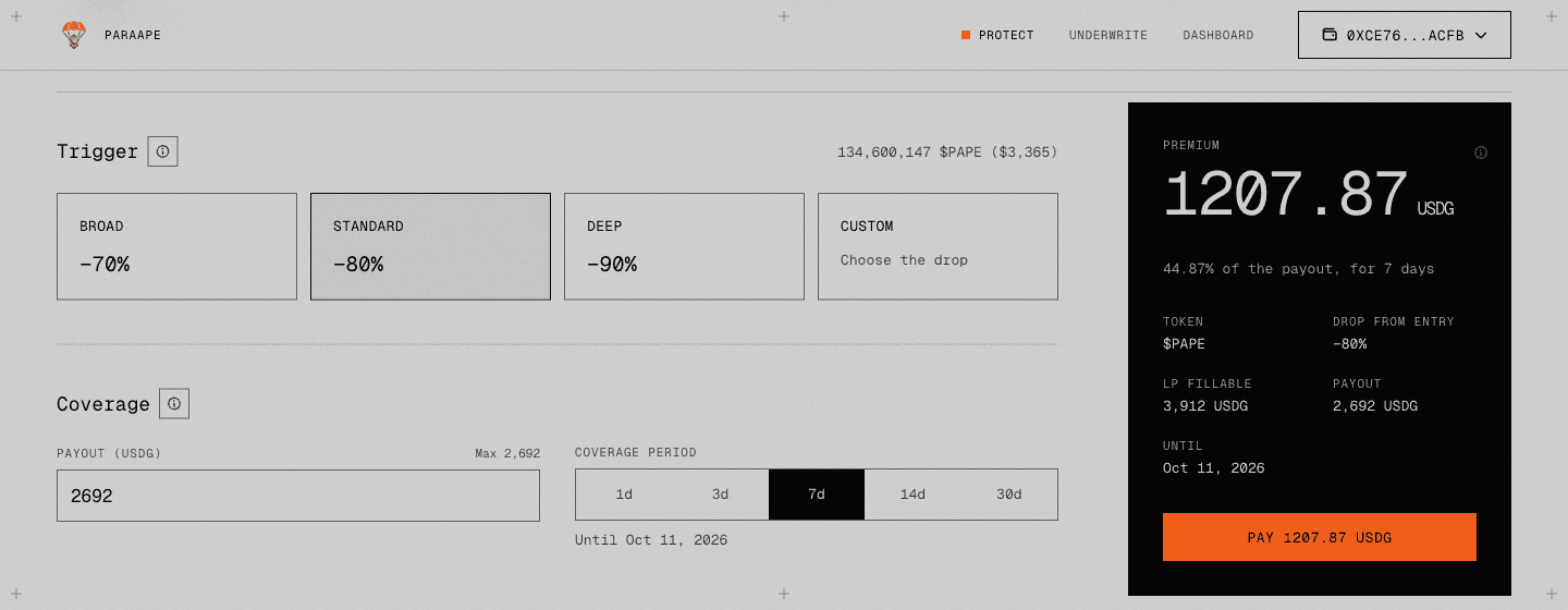 Quote. Pick the drop, the payout, and the term. The aside is the premium.